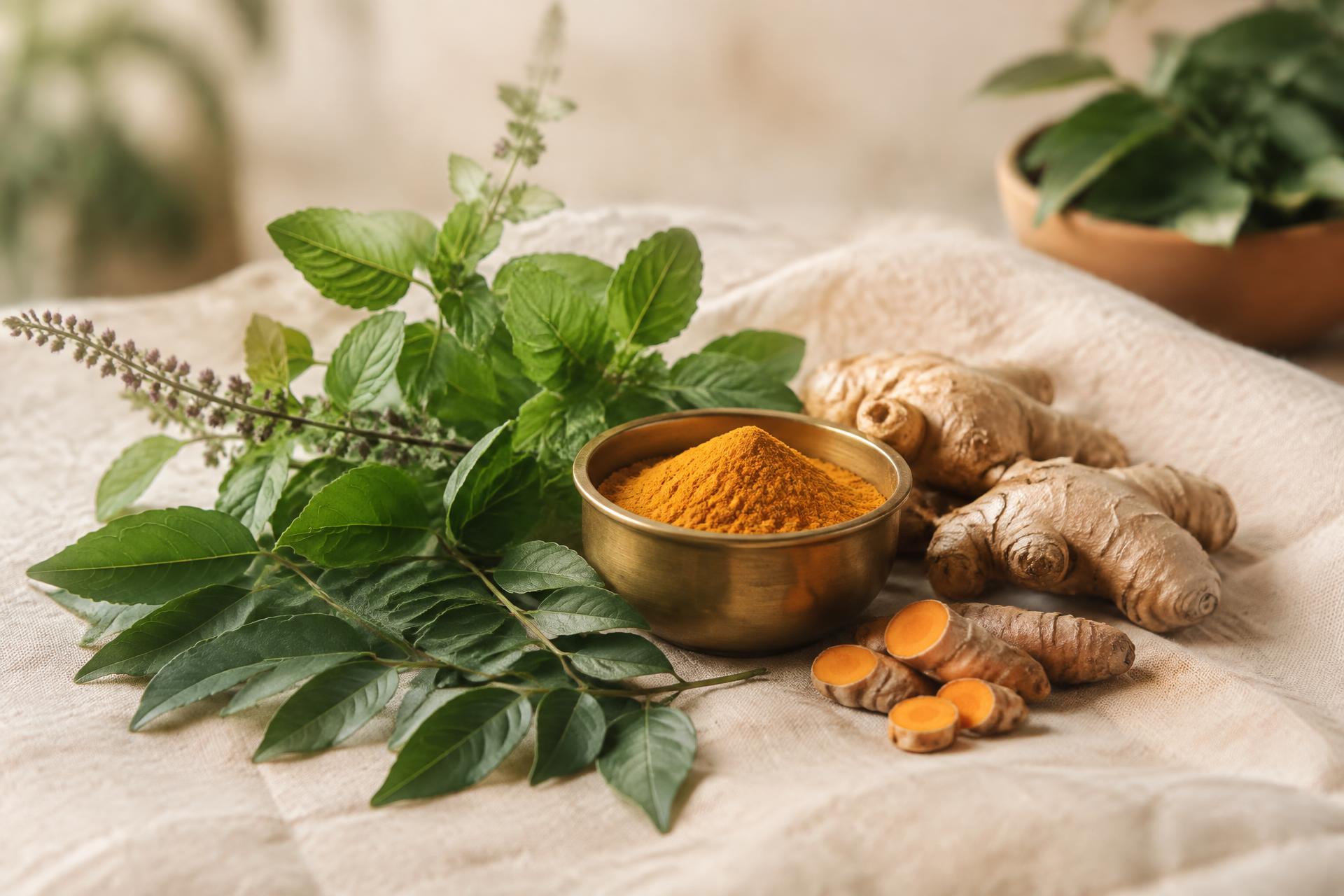 Fresh Ayurvedic herbs, turmeric and ginger on warm linen